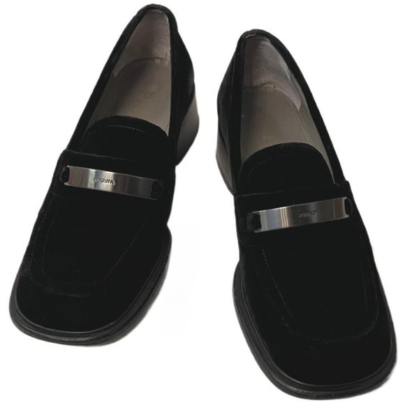 Prada Vintage Black Velvet Chunky Loafers with Metal Logo Size 36.5 US Size 6.5 - Picture 4 of 11